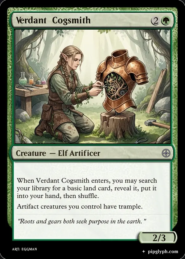 Verdant Cogsmith — custom MTG-style creature, uncommon rarity
