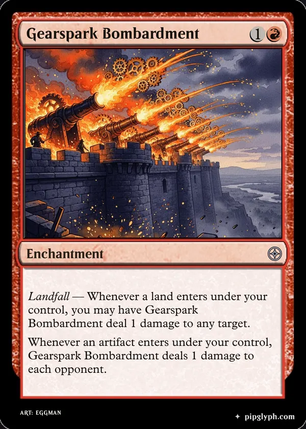 Gearspark Bombardment — custom MTG-style enchantment, uncommon rarity