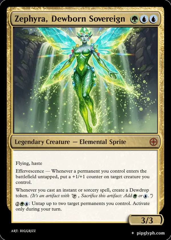 Zephyra, Dewborn Sovereign — custom MTG-style creature, mythic rarity