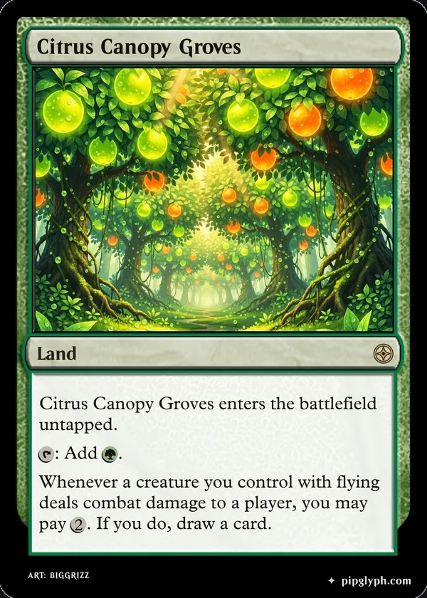 Citrus Canopy Groves — custom MTG-style land, rare rarity