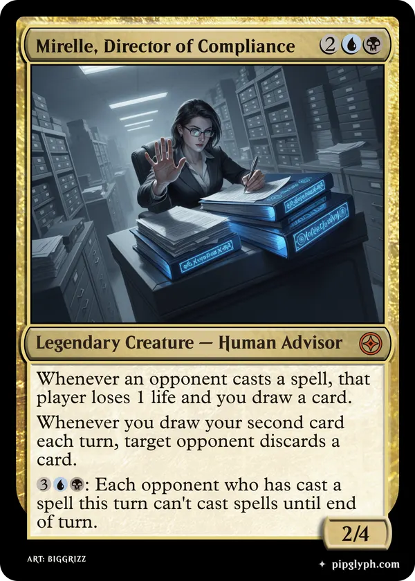 Mirelle, Director of Compliance — custom MTG-style creature, mythic rarity