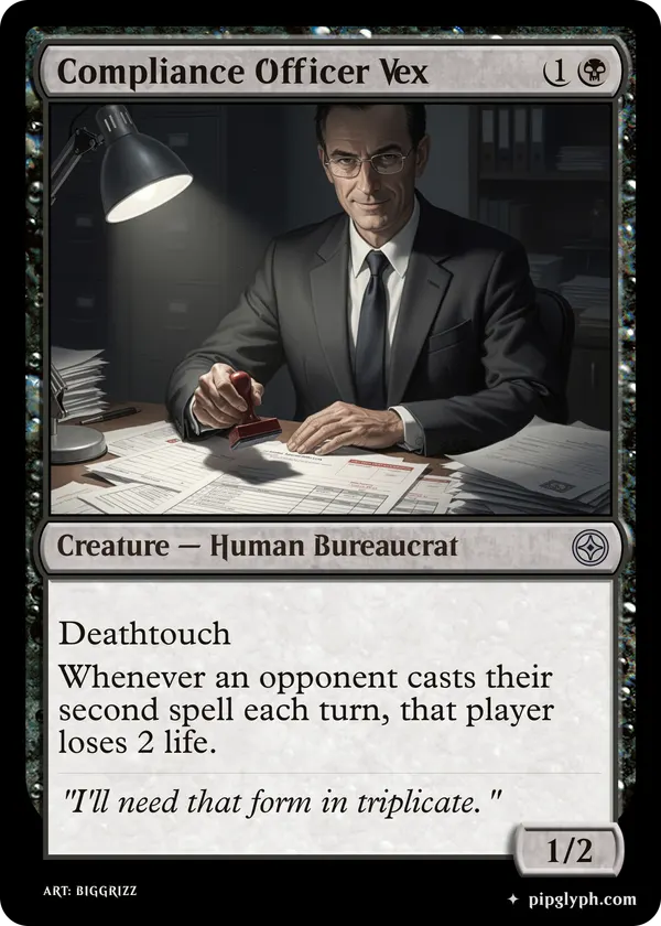 Compliance Officer Vex — custom MTG-style creature, uncommon rarity