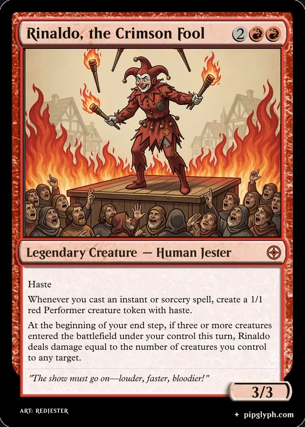 Rinaldo, the Crimson Fool — custom MTG-style creature, mythic rarity