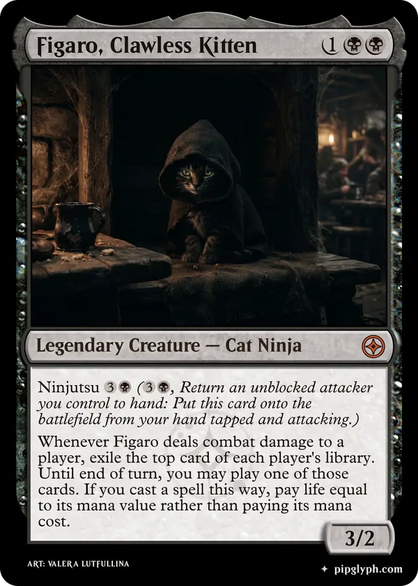 Figaro, Clawless Kitten — custom MTG-style creature, mythic rarity
