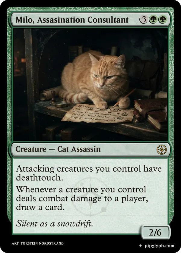 Milo, Assasination Consultant — custom MTG-style creature, rare rarity