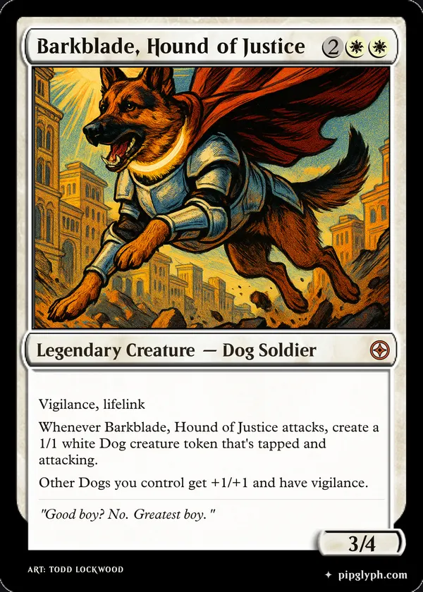 Barkblade, Hound of Justice — custom MTG-style creature, mythic rarity