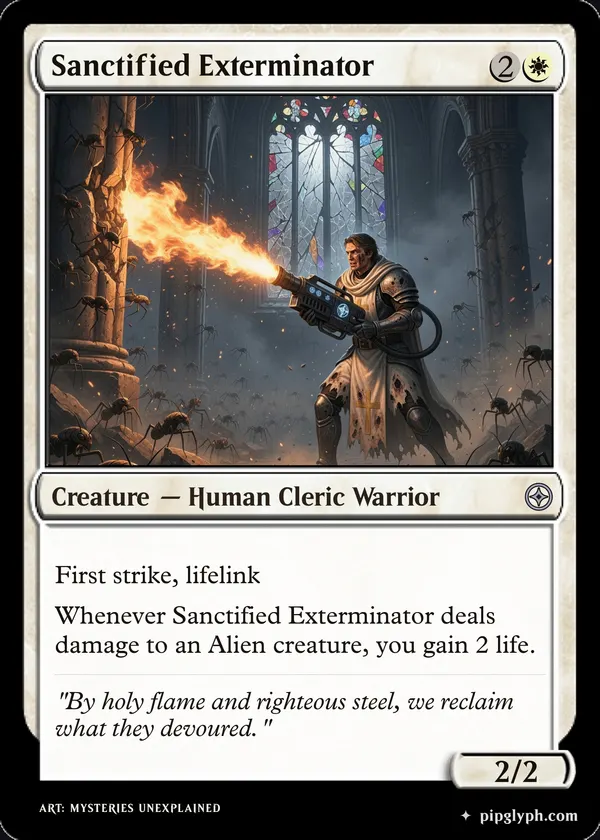 Sanctified Exterminator — custom MTG-style creature, uncommon rarity