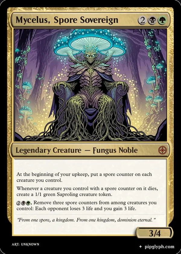 Mycelus, Spore Sovereign — custom MTG-style creature, mythic rarity