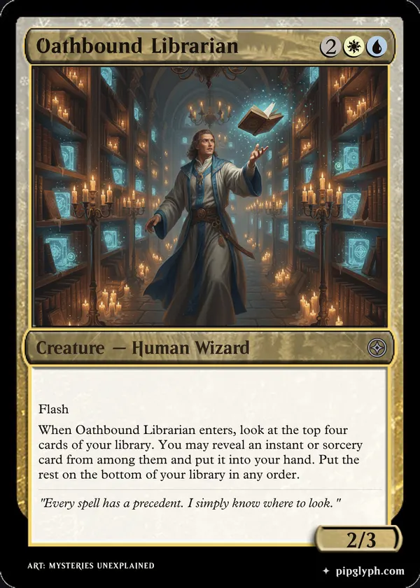 Oathbound Librarian — custom MTG-style creature, uncommon rarity