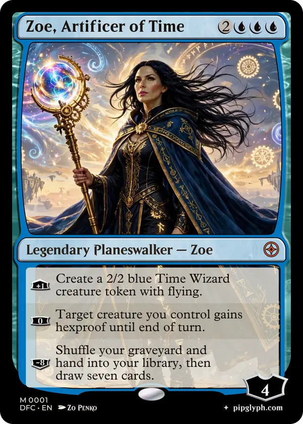 Zoe, Artificer of Time — custom MTG-style planeswalker, mythic rarity
