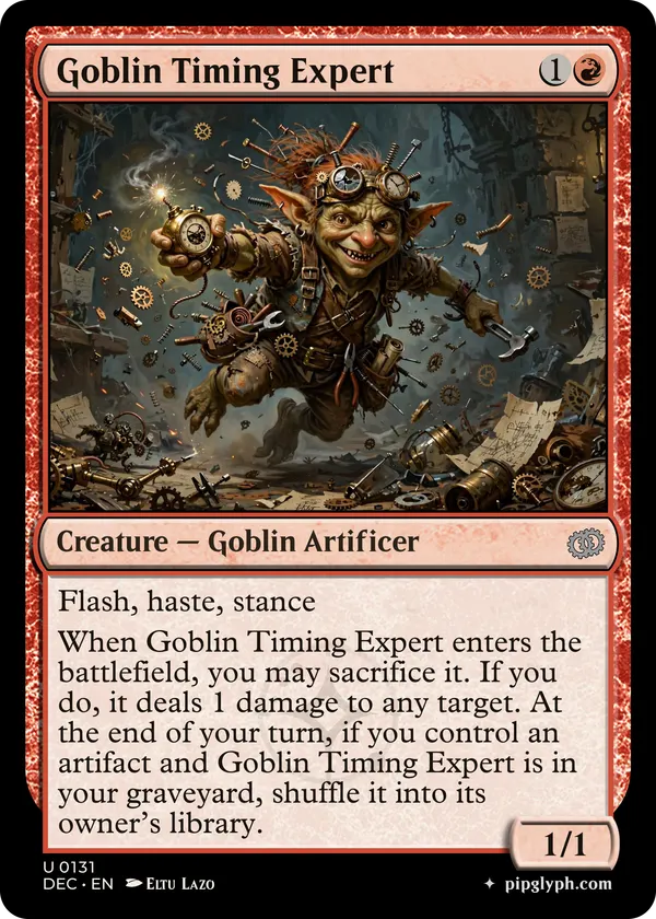 Goblin Timing Expert — custom MTG-style creature, uncommon rarity