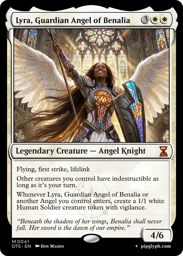 Lyra, Guardian Angel of Benalia — custom MTG-style creature, mythic rarity