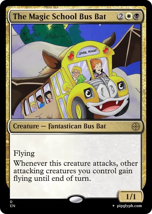The Magic School Bus Bat — custom MTG-style creature, rare rarity
