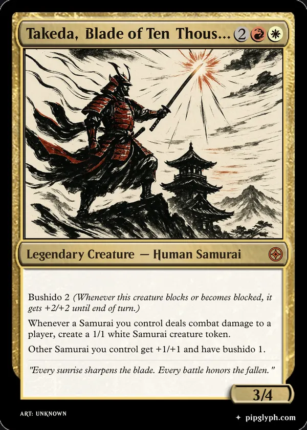 Takeda, Blade of Ten Thousand Dawns — custom MTG-style creature, mythic rarity