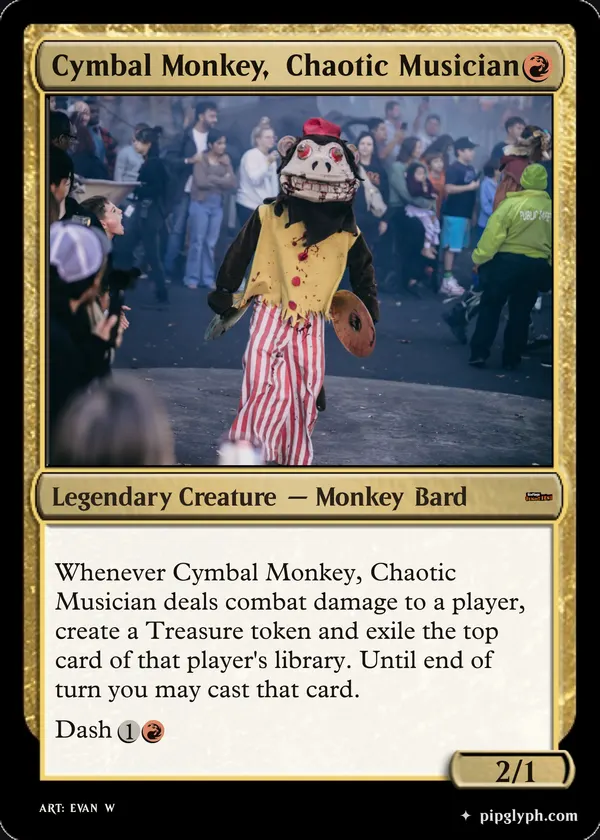 Cymbal Monkey, Chaotic Musician — custom MTG-style creature, mythic rarity