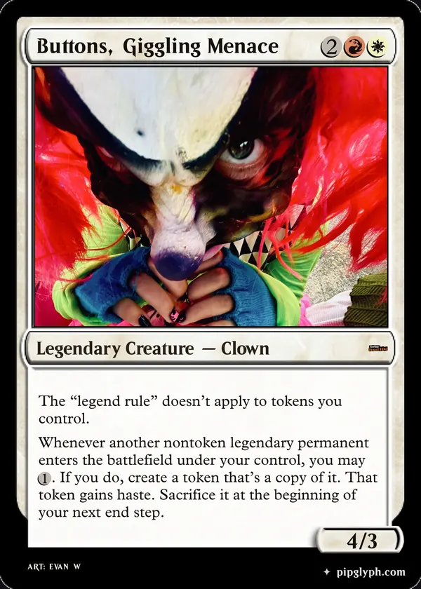 Buttons, Giggling Menace — custom MTG-style creature, mythic rarity